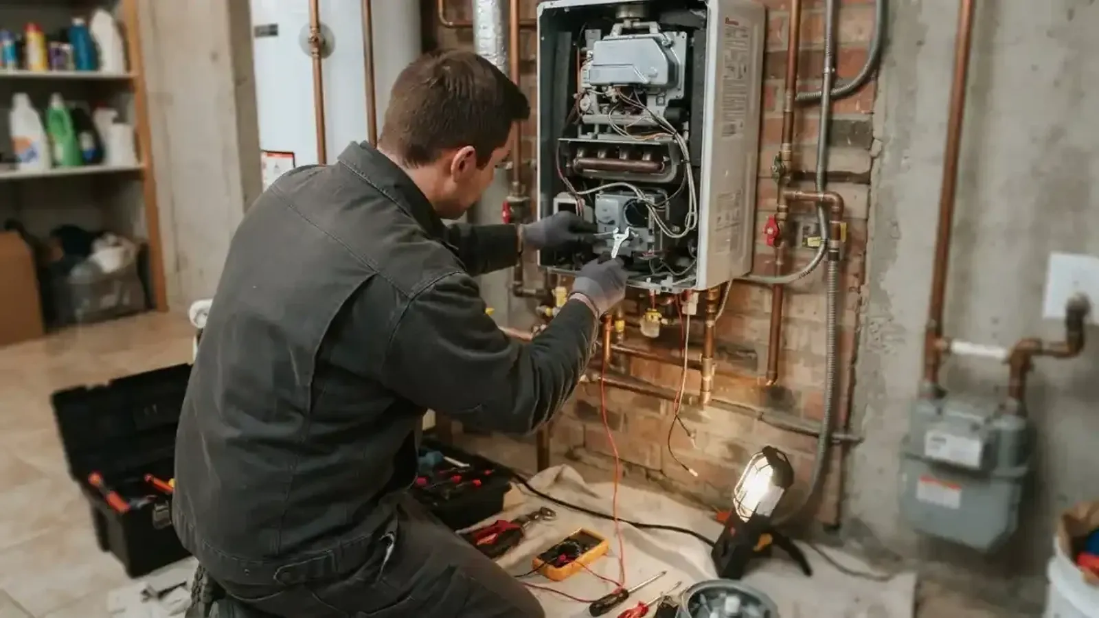 Technician servicing a wall-mounted boiler with copper piping in a basement