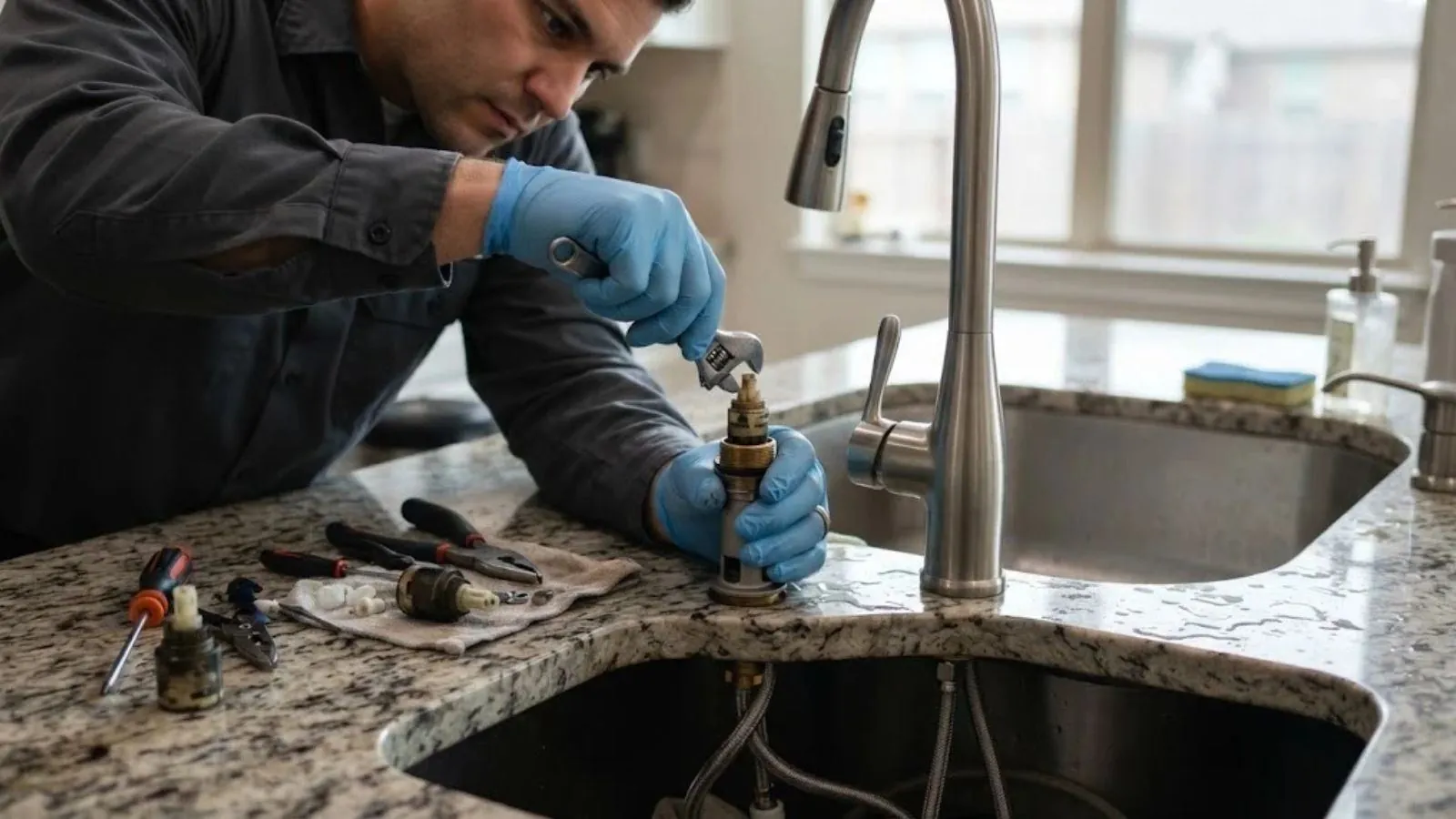 Plumber in blue gloves replacing a cartridge in a kitchen faucet on a countertop