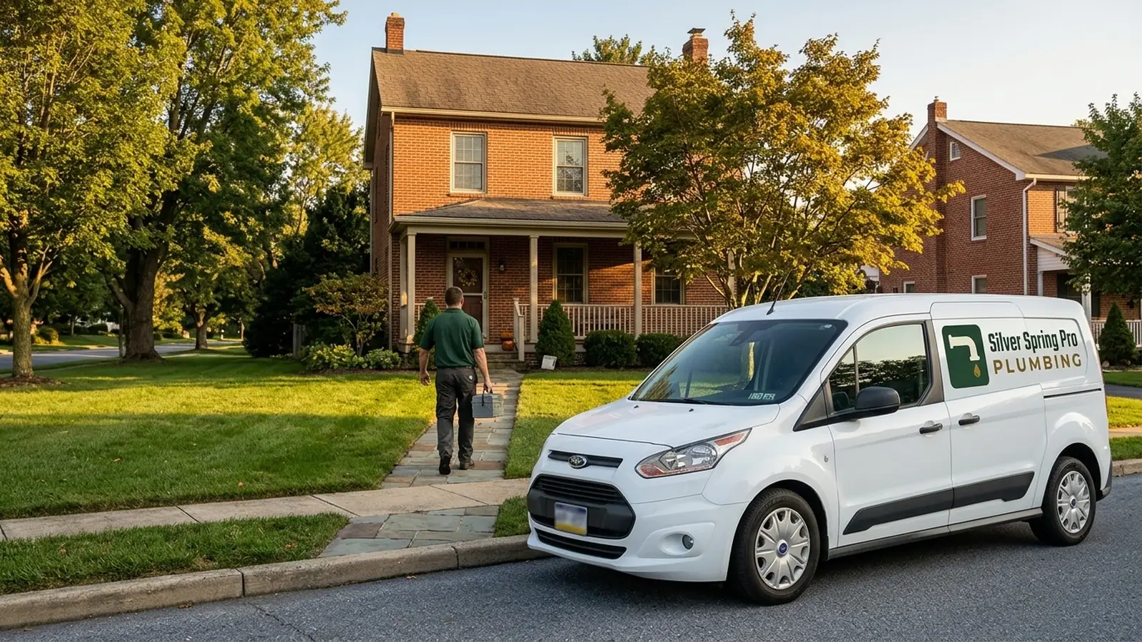 White Silver Spring Pro Plumbing service van parked at the curb outside a red-brick home while a plumber carries a toolbox up the walkway