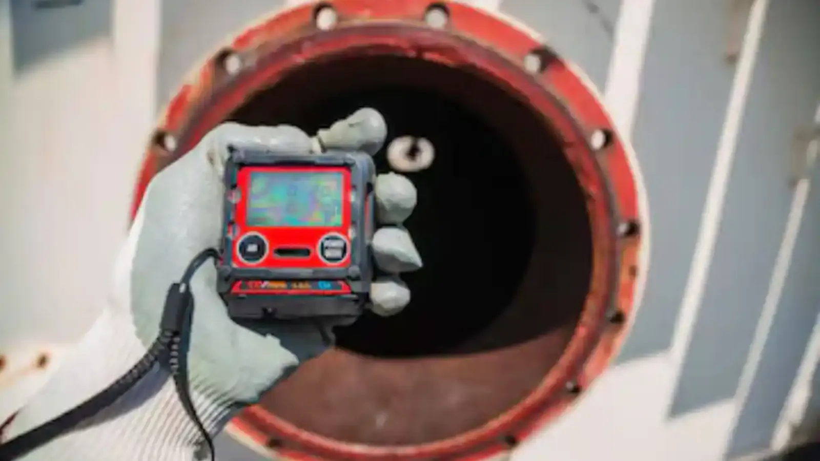 Technician wearing headphones holding an acoustic leak sensor to a concrete basement floor near a damp wall