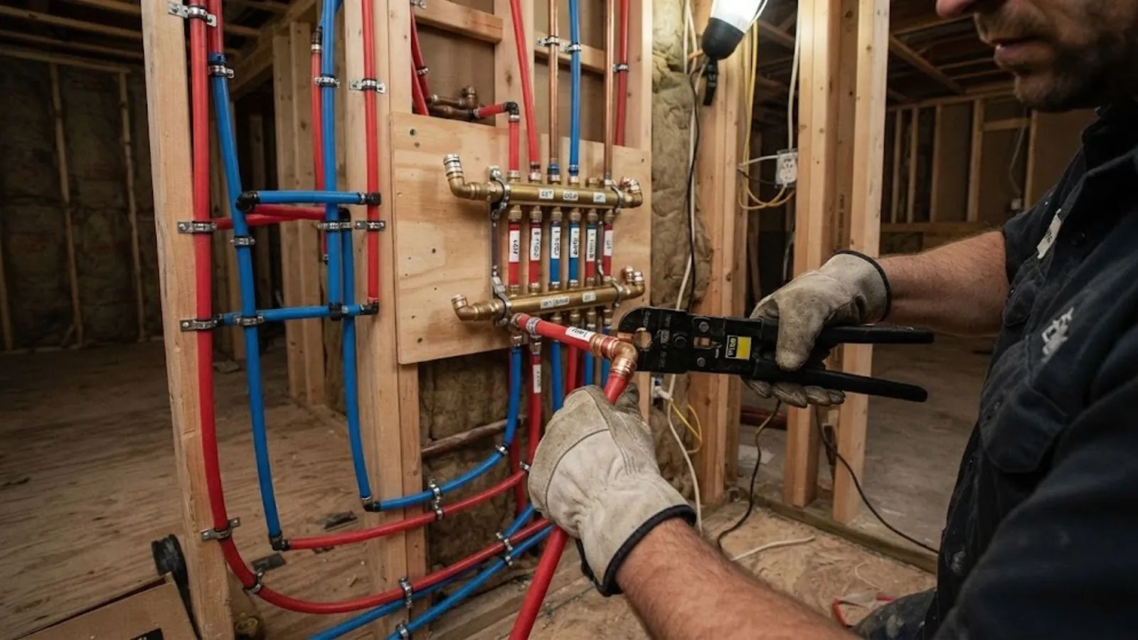 Plumber crimping red and blue PEX lines at a manifold in an opened wall during a whole-house repipe