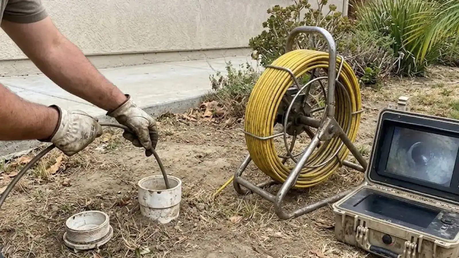 Sewer inspection camera reel and monitor beside an opened yard cleanout while a technician feeds the cable