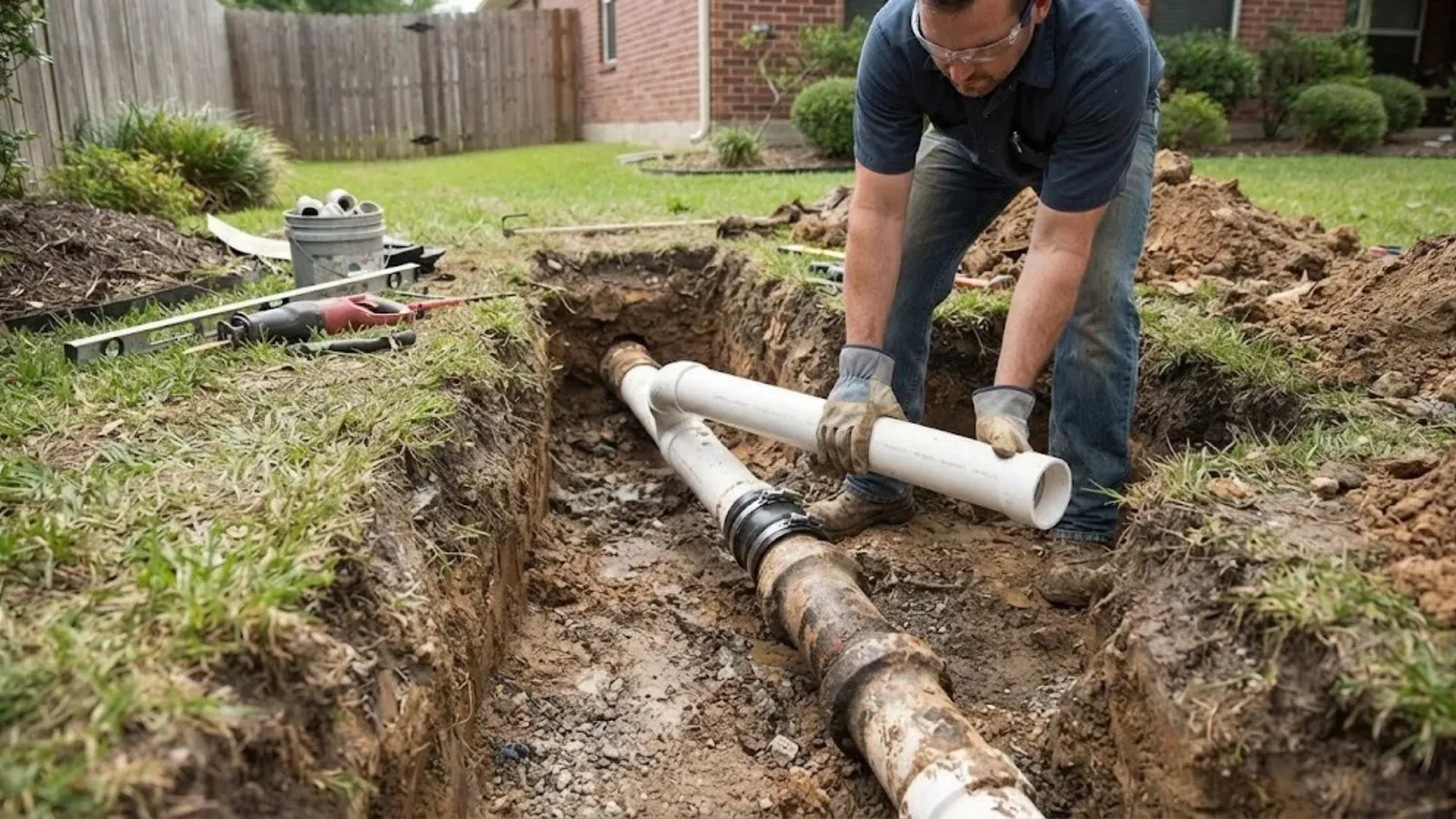 Plumber setting a new white PVC section into an open sewer line trench in a backyard
