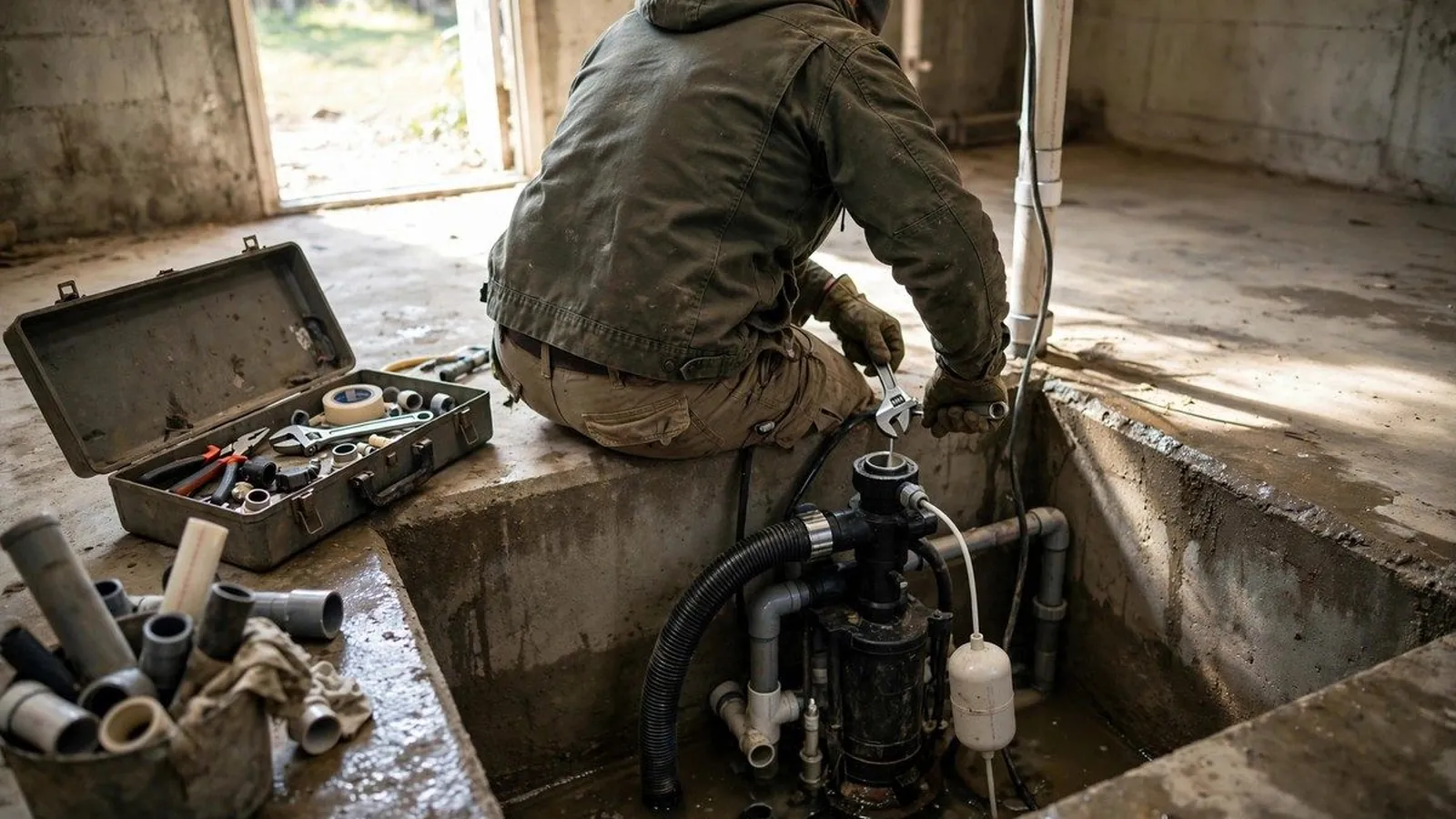Technician servicing a submersible sump pump in a basement sump pit with a tool case beside him