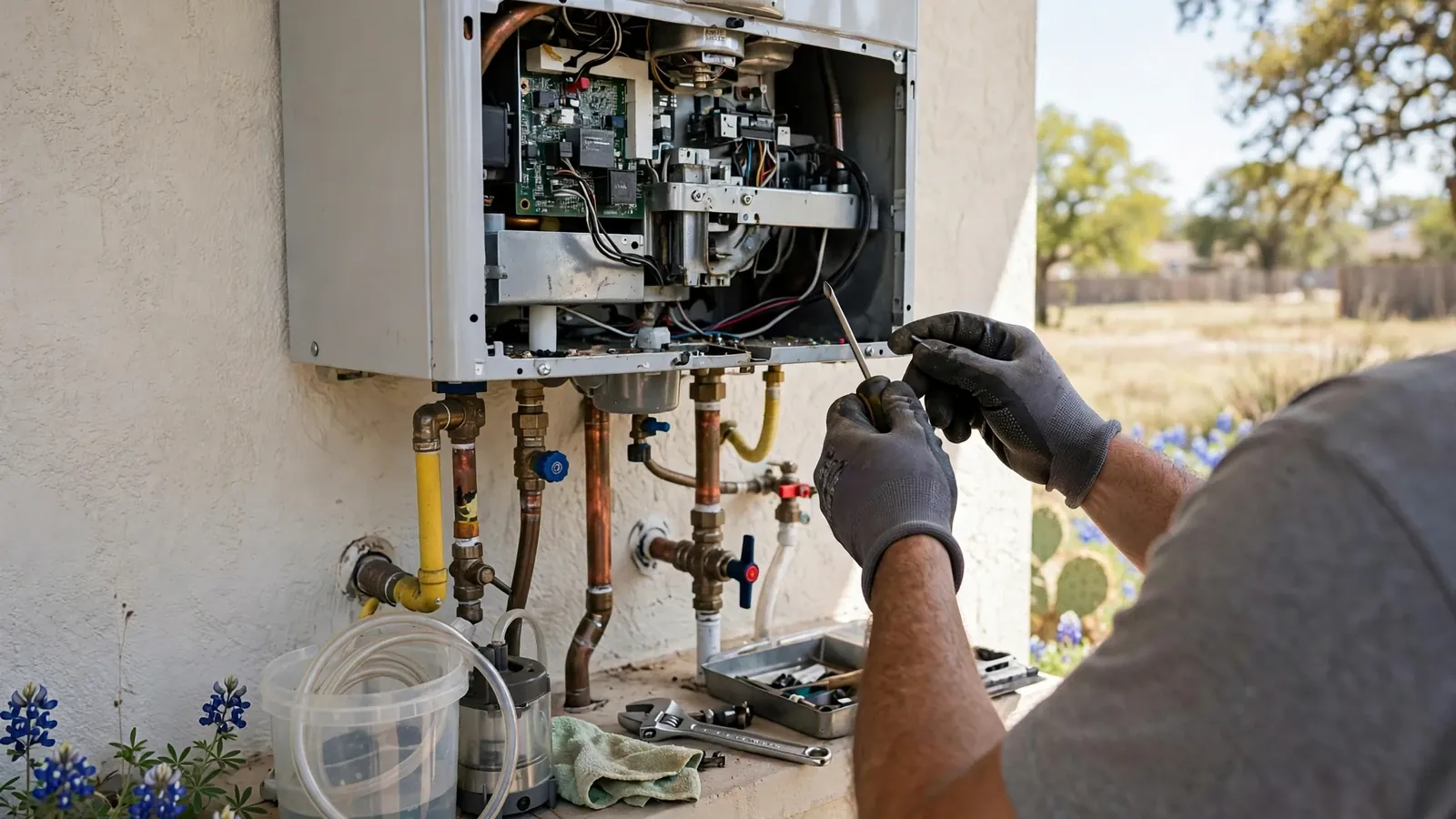 Technician in gloves servicing the open panel of a wall-mounted tankless water heater outside a home