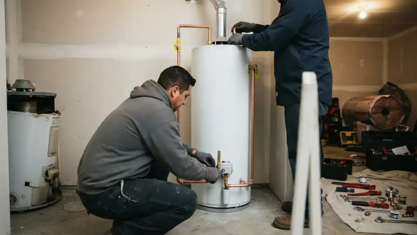 Plumber connecting a new tank water heater in a basement utility room with the old unit beside it